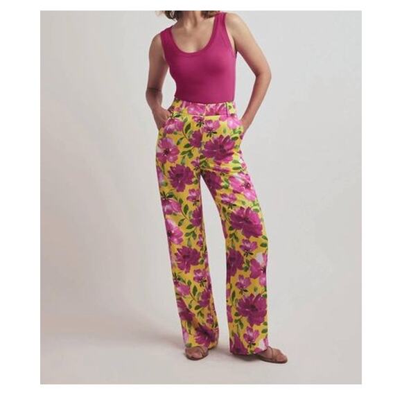 NWT Favorite Daughter Fiona Floral Satin Wide Leg Pants Sz 10 Yellow Pink Floral - Picture 1 of 16
